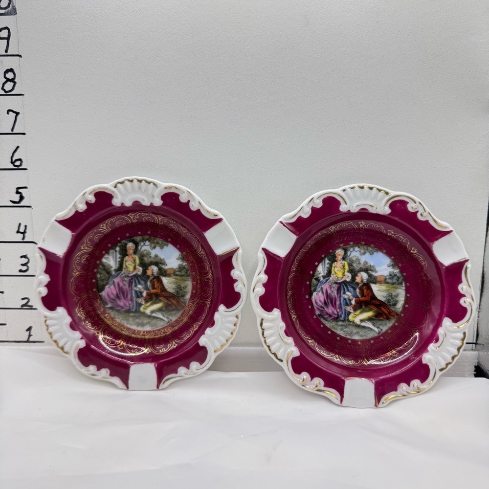 2 Vintage ashtrays with baroque Romantic Scene 5.75” occupied Japan Andrea Sadek